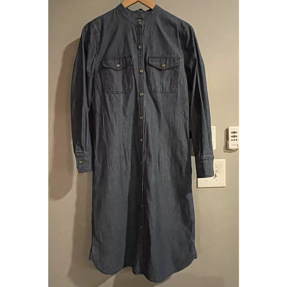 J Peterman Dress Sz 8 Elegant Button Front Midi Denim Belted Pocket Western Note